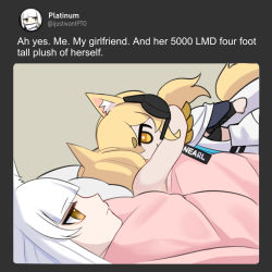 Rule 34 | 2girls, 500 dollar four foot tall mareep (meme), arknights, blonde hair, character doll, character name, clothes writing, dress, headset, lying, meme, multiple girls, nearl (arknights), nearl the radiant knight (arknights), hugging object, official alternate costume, on back, on side, platinum (arknights), supershrimpcakes, thick eyebrows, twitter, under covers, white dress, white hair, yellow eyes, yuri