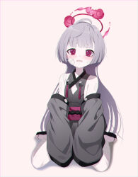 Rule 34 | 1girl, bandaged leg, bandages, bare shoulders, bell, blue archive, blush, clothing cutout, detached sleeves, eko, flat chest, gauze on cheek, grey hair, grey sleeves, halo, highres, japanese clothes, jingle bell, long hair, looking at viewer, obi, open mouth, pink background, red eyes, red halo, sandals, sash, shuro (blue archive), simple background, sitting, solo, wariza, zouri