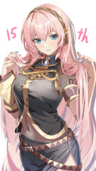 Rule 34 | 1girl, anniversary, blue eyes, daidou (demitasse), highres, holding, holding own hair, long hair, looking at viewer, megurine luka, pink hair, smile, solo, vocaloid