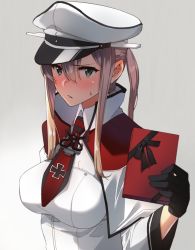 Rule 34 | 10s, 1girl, black gloves, blonde hair, blue eyes, blush, breasts, capelet, chocolate, collar, cross, dutch angle, eight tohyama, gloves, gradient background, graf zeppelin (kancolle), hat, iron cross, jacket, kantai collection, large breasts, long hair, long sleeves, looking at viewer, necktie, peaked cap, red necktie, solo, sweat, twintails, upper body, white jacket