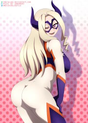 Rule 34 | 1girl, absurdres, arched back, artist name, ass, back, bent over, blonde hair, blue mask, bodysuit, boku no hero academia, breasts, curvy, dimples of venus, domino mask, eyebrows, eyelashes, fake horns, female focus, from behind, giant, giantess, gradient background, hands on own thighs, highres, horns, huge ass, iharuluna, large breasts, legs, long hair, looking at viewer, looking back, mask, mount lady, multicolored bodysuit, multicolored clothes, one eye closed, open mouth, parted bangs, polka dot, polka dot background, presenting, purple eyes, red background, seductive smile, sideboob, skin tight, smile, standing, superhero costume, thighs, thighs together, tight clothes, turning head, wink