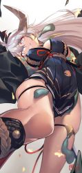 Rule 34 | 1girl, antenna hair, armor, artist logo, azur lane, black coat, black dress, blurry, blurry foreground, breasts, cleavage, coat, commentary, cowboy shot, dress, dutch angle, earrings, eyeshadow, from below, grin, hair between eyes, hakuryuu (azur lane), highres, holding, holding sword, holding weapon, horns, japanese armor, jewelry, large breasts, looking to the side, makeup, pleated dress, sash, sheath, shimotsuki shio, shin guards, short dress, sideboob, sidelocks, silver hair, simple background, skindentation, sleeveless, sleeveless dress, smile, solo, standing, standing on one leg, suneate, sword, tassel, tassel earrings, teeth, thigh strap, unsheathed, weapon, white background, white eyes, wide sleeves