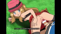 Rule 34 | 1boy, 1girl, anus, bar censor, black thighhighs, blonde hair, blue eyes, blush, breasts, calem (pokemon), censored, cleft of venus, clothes lift, creatures (company), english text, franberyll, game freak, hat, hetero, imminent penetration, japanese text, long hair, nintendo, nipples, open mouth, outdoors, penis, pokemon, pokemon xy, pussy, serena (pokemon), shirt, shirt lift, skirt, thighhighs