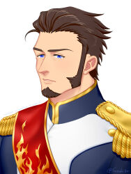 Rule 34 | 1boy, alternate hairstyle, bara, blue eyes, brown hair, facial hair, fate/grand order, fate (series), goatee, hair slicked back, half-closed eyes, highres, long sideburns, long sleeves, looking at viewer, male focus, mature male, military, military uniform, napoleon bonaparte (fate), parted lips, sash, short hair, sideburns, solo, suzuki80, uniform, upper body, wide-eyed