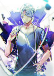 Rule 34 | 1boy, ayano too, blurry, blurry background, collarbone, denim, hair over one eye, hand on own hip, hand up, highres, iyutani, jeans, looking at viewer, male focus, mannequin, pants, runway de waratte, shirt, silver hair, simple background, solo, t-shirt, tape measure, yellow eyes