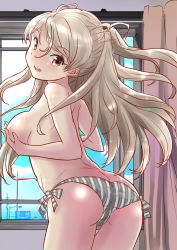 Rule 34 | 1girl, :d, blue sky, breasts, brown eyes, cameltoe, conte di cavour (kancolle), covering breasts, covering privates, from behind, fuji (pixiv24804665), grey hair, hair between eyes, highres, kantai collection, large breasts, long hair, looking at viewer, looking back, open mouth, panties, side-tie panties, sideboob, sky, smile, solo, striped clothes, striped panties, teeth, topless, two side up, underwear, upper teeth only, window