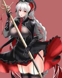 Rule 34 | 1girl, :o, absurdres, azur lane, black dress, black gloves, black headwear, black thighhighs, blush, braid, breasts, core1013, demon horns, dress, elbow gloves, feet out of frame, garter straps, gloves, highres, holding, horns, large breasts, long hair, looking away, necktie, nurnberg (azur lane), open mouth, red background, red eyes, red necktie, silver hair, solo, standing, thighhighs, twin braids, very long hair