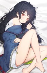 Rule 34 | 1girl, ahoge, arm across waist, bad id, bad pixiv id, bare legs, bare shoulders, belt, black hair, blush, c-ms (girls&#039; frontline), closed mouth, clothes writing, coat, collarbone, dress, funako (newggo), girls&#039; frontline, highres, light smile, long hair, long sleeves, looking at viewer, lying, messy hair, microdress, mole, mole under eye, multicolored coat, multiple belts, off shoulder, on side, open clothes, open coat, pocket, pouch, red eyes, sidelocks, solo, strap, thigh strap, thighhighs, thighs, twitter username, white dress, zipper