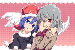 Rule 34 | 2girls, :3, blue eyes, blue hair, blush, capelet, commentary request, doremy sweet, eyes visible through hair, gin&#039;you haru, grey hair, hair between eyes, hand on another&#039;s shoulder, hand over face, hat, head tilt, highres, kishin sagume, looking at viewer, multiple girls, pom pom (clothes), red eyes, short hair, single wing, smile, touhou, upper body, wings