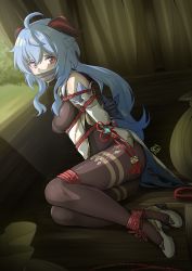 Rule 34 | 1girl, absurdres, ahoge, arms behind back, bare shoulders, bdsm, black gloves, black pantyhose, blue hair, bodystocking, bondage, bound, bound ankles, bound legs, breasts, cloth gag, commentary, detached sleeves, english commentary, gag, gagged, ganyu (genshin impact), genshin impact, gloves, high-waist skirt, high heels, highres, horns, improvised gag, indoors, long hair, looking at viewer, medium breasts, pantyhose, purple eyes, restrained, rope, skirt, solo, thighband pantyhose, thighs, vakaosciosa, very long hair, wagon, white footwear, white skirt