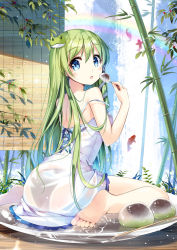 Rule 34 | 1girl, :o, animal, back, bamboo, bare arms, bare shoulders, barefoot, black panties, blue eyes, cross-laced clothes, curtains, dress, eyebrows, feet, fish, food, frog hair ornament, fruit, green hair, hair ornament, holding, in food, kochiya sanae, light particles, long hair, looking at viewer, miyase mahiro, mochi, oversized object, panties, plant, rainbow, see-through, shade, sitting, snake hair ornament, soles, solo, strap slip, surprised, toes, toothpick, touhou, transparent, underwear, wagashi, wariza, water, waterfall, white dress