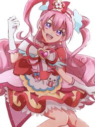 Rule 34 | 1girl, :d, choker, commentary request, cure precious, delicious party precure, dress, earrings, eyelashes, fpminnie1, gloves, hair ornament, happy, highres, jewelry, kome-kome (precure), long hair, looking at viewer, magical girl, nagomi yui, open mouth, pink choker, pink hair, precure, purple eyes, simple background, sketch, smile, solo, standing, white background, white gloves