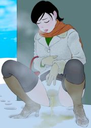 Rule 34 | 1girl, black hair, blush, boots, clothes lift, coat, cold, high heel boots, high heels, munio world, outdoors, panties, peeing, peeing self, skirt, skirt lift, snow, solo, squatting, steam, thighs, underwear, upskirt, wet, wet clothes, wet panties, white panties