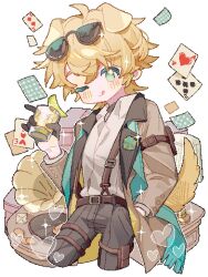 Rule 34 | 1boy, ;p, ace (playing card), ace of hearts, alcohol, animal ears, aqua eyes, aqua scarf, arknights, arm pouch, belt, black gloves, black pants, blonde hair, blush, brown belt, brown coat, card, casino, coat, collared shirt, cropped legs, cup, dog boy, dog ears, dog tail, drink, eyewear on head, flower-shaped pupils, gloves, half gloves, heart, highres, holding, holding drink, male focus, official alternate costume, one eye closed, open clothes, open coat, pants, pixelated, playing card, pouch, saucer (saucer752), scarf, shirt, short hair, simple background, solo, sunglasses, suspenders, symbol-shaped pupils, tail, tequila (arknights), tequila (cardwinner) (arknights), thigh pouch, thigh strap, three of hearts, tongue, tongue out, two of diamonds, two of spades, white background, white shirt