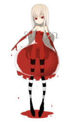Rule 34 | 1girl, arms at sides, bare shoulders, blood, collarbone, detached sleeves, dress, dripping, elbow gloves, flat chest, gloves, ken (koala), legs apart, liquid, long hair, looking at viewer, no nipples, no pussy, original, red eyes, see-through, simple background, skinny, skirt, smile, solo, standing, strapless, strapless dress, striped clothes, striped thighhighs, thighhighs, tsurime, tube dress, water drop, white background, white hair