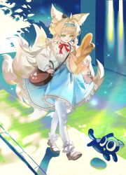 Rule 34 | 1girl, :d, ahoge, animal ear fluff, animal ears, arknights, bag, black cat, blonde hair, blue hairband, blue skirt, brown footwear, cat, commentary request, crossover, fox ears, fox girl, fox tail, frilled hairband, frills, full body, hair intakes, hairband, heixiu, highres, jacket, kitsune, long hair, long sleeves, luo xiaohei, on head, open clothes, open jacket, open mouth, pantyhose, puffy long sleeves, puffy sleeves, shirt, shoes, shoulder bag, skirt, smile, suzuran (arknights), suzuran (spring praise) (arknights), tail, tansuanmeizi, luo xiaohei zhanji, walking, white jacket, white pantyhose, white shirt