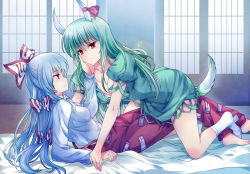 Rule 34 | 2girls, all fours, bad id, bad pixiv id, barefoot, bow, couple, ex-keine, female focus, fujiwara no mokou, green hair, hair bow, hand on another&#039;s cheek, hand on another&#039;s face, horn ornament, horn ribbon, horns, indoors, kamishirasawa keine, long hair, multiple girls, pants, pico (picollector79), red eyes, ribbon, silver hair, suspenders, tail, touhou, yuri