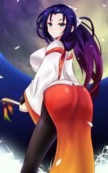 Rule 34 | 1girl, ass, black pantyhose, blue background, blue eyes, blue hair, breasts, female focus, folding fan, full moon, gradient hair, hand fan, highres, hikage (sennen sensou aigis), huge ass, large breasts, long hair, long sleeves, looking at viewer, looking back, moon, multicolored hair, outdoors, pantyhose, plant, puzzle0221, sennen sensou aigis, sky, solo, standing, thighband pantyhose, very long hair, wide hips
