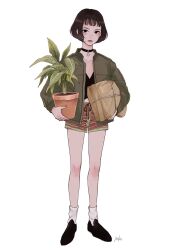 Rule 34 | 1girl, artist name, bad id, bad twitter id, black choker, black eyes, black footwear, black hair, black shirt, blunt bangs, blush, bob cut, bomber jacket, choker, closed mouth, collarbone, commentary, crop top, drawstring, expressionless, flower pot, full body, green jacket, green shorts, highres, holding, holding flower pot, jacket, leon the professional, lips, looking at viewer, loose socks, mathilda lando, midriff, multicolored clothes, multicolored shorts, open clothes, open jacket, orange shorts, package, pendant choker, plant, potted plant, red shorts, shirt, shoes, short hair, short shorts, shorts, signature, simple background, socks, solo, standing, striped clothes, striped shorts, very long sleeves, white background, white socks, yokotn