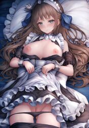 Rule 34 | 1girl, apron, azur lane, blue eyes, blush, breasts, brown hair, censored, clothes lift, dress, gluteal fold, hair ornament, large breasts, long hair, looking at viewer, lying, maid, maid apron, maid headdress, mosaic censoring, newcastle (azur lane), nipples, on back, panties, panty pull, pussy, ribbon, skirt, skirt lift, snm (sunimi), solo, thighhighs, underwear