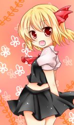 Rule 34 | 1girl, arms behind back, ascot, blonde hair, bow, chiya58, dress, embodiment of scarlet devil, fang, female focus, hair ribbon, midriff, open mouth, ribbon, rumia, short hair, skirt, smile, solo, touhou
