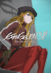 Rule 34 | 10s, 1girl, against wall, animal ears, animal hat, bandages, blue eyes, bodysuit, breasts, brown hair, cabbie hat, copyright name, english text, engrish text, evangelion: 3.0 you can (not) redo, expressionless, eyepatch, fake animal ears, from below, from side, hair over shoulder, hand in pocket, hands in pockets, hat, highres, ini (ini tw), jacket, knees together feet apart, light brown hair, logo, long hair, long sleeves, looking at viewer, neon genesis evangelion, pilot suit, plugsuit, pocket, ranguage, rebuild of evangelion, single vertical stripe, sitting, sketch, small breasts, solo, souryuu asuka langley, tape, track jacket, zipper