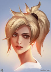 Rule 34 | 1girl, backlighting, blonde hair, blue background, casual, facing viewer, gradient background, grey eyes, high ponytail, lips, looking away, looking to the side, mercy (overwatch), nose, overwatch, overwatch 1, portrait, realistic, shirt, signature, solo, white shirt, xiaoguimist, yellow background