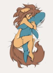 Rule 34 | 1girl, apogee (tinygaypirate), brown hair, from above, furry, furry female, highres, hug, hugging object, pillow, pillow hug, sleeping, solo, tail, tinygaypirate