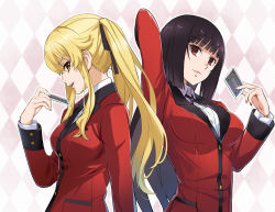 Rule 34 | 2girls, arm behind back, black hair, black ribbon, blonde hair, blunt bangs, bolo tie, breasts, card, checkered background, closed mouth, collared shirt, commentary, from side, hair ribbon, hand up, hime cut, holding, holding card, hyakkaou academy school uniform, jabami yumeko, jacket, kakegurui, large breasts, long hair, long sleeves, looking at viewer, medium breasts, multiple girls, nail polish, nyoro (nyoronyoro000), parted lips, red eyes, red jacket, red nails, ribbon, saotome mary, school uniform, shirt, smile, teeth, twintails, upper body, upper teeth only, very long hair, white shirt