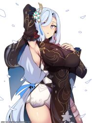 Rule 34 | 1girl, absurdres, arm up, armpits, black dress, blue eyes, breasts, cowboy shot, dress, genshin impact, highres, hinghoi, large breasts, long hair, looking at viewer, official alternate costume, parted lips, shenhe (frostflower dew) (genshin impact), shenhe (genshin impact), simple background, sleeveless, sleeveless dress, solo, standing, thighs, very long hair, white background, white hair