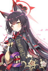 Rule 34 | 1girl, absurdres, animal ears, black hair, blue archive, closed mouth, fingerless gloves, fox ears, fox mask, gloves, halo, highres, holding, holding mask, japanese clothes, kimono, kunikune, long hair, looking at viewer, mask, obi, print kimono, sash, wakamo (blue archive), yellow eyes