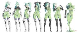 Rule 34 | 1girl, armor, ass, automatic giraffe, breasts, cyborg, from behind, green eyes, green hair, long hair, looking at viewer, looking back, mechanical arms, mechanical legs, mechanical parts, skeleton, solo, transparent