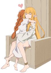 Rule 34 | 2girls, :3, = =, age difference, barefoot, blonde hair, braid, closed eyes, closed mouth, commentary request, dress, elf, flamme (sousou no frieren), full body, heart, highres, hug, long hair, long sleeves, multiple girls, on chair, orange hair, pointy ears, serie (sousou no frieren), short sleeves, simple background, single braid, sitting, sousou no frieren, white background, white dress, yasehattagi