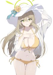 Rule 34 | 1girl, absurdres, arm up, bikini, blue archive, breast suppress, breasts, brown hair, cleavage, cowboy shot, flower, green eyes, groin, hair between eyes, halo, hand on headwear, hat, hat flower, highres, large breasts, long hair, long sleeves, looking at viewer, navel, nonomi (blue archive), nonomi (swimsuit) (blue archive), open clothes, open shirt, see-through, see-through shirt, seizou hidzuke, side-tie bikini bottom, simple background, solo, sun hat, swimsuit, white background, white hat, yellow bikini