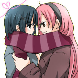 Rule 34 | 00s, 2girls, blush, couple, eye contact, heart, looking at another, lowres, multiple girls, okuwaka tsubomi, scarf, shared clothes, shared scarf, smile, strawberry panic!, tsukidate chiyo, yuri