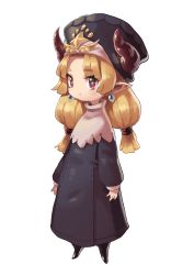 Rule 34 | + +, 1girl, absurdres, black dress, black headwear, blonde hair, closed mouth, demon horns, dress, earrings, full body, habit, highres, horns, jewelry, long hair, long sleeves, looking at viewer, low twintails, okame nin, original, pointy ears, purple eyes, simple background, solo, standing, twintails, urushia (okame nin), white background, aged down