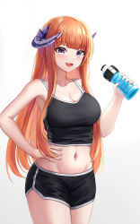 Rule 34 | 1girl, absurdres, arknights, bad id, bad pixiv id, bagpipe (arknights), bare arms, bare shoulders, black shirt, black shorts, blue eyes, blush, bottle, breasts, cleavage, cowboy shot, gongbangmanchi (daisy cutter), hand on own hip, highres, holding, holding bottle, horns, large breasts, long hair, looking at viewer, midriff, navel, orange hair, shirt, short shorts, shorts, simple background, smile, solo, white background