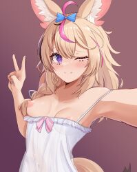 Rule 34 | 1girl, ahoge, alternate costume, animal ear fluff, animal ears, bare shoulders, black hair, blonde hair, blue bow, blue nails, blush, bow, braid, breasts, camisole, closed mouth, commentary, english commentary, facial mark, fox ears, fox girl, fox tail, gradient background, hair between eyes, hair bow, hair over shoulder, hand up, heart, heart-shaped pupils, highres, hololive, long hair, looking at viewer, multicolored hair, multicolored nails, nail polish, nipples, omaru polka, one breast out, one eye closed, outstretched arm, pink background, pink hair, purple eyes, reaching, reaching towards viewer, red nails, selfie, side braid, simple background, single braid, small breasts, smile, solo, streaked hair, symbol-shaped pupils, tail, telomere, upper body, v, variant set, virtual youtuber, white camisole