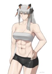 Rule 34 | 1girl, absurdres, arknights, bandeau, bare arms, bare shoulders, black shorts, breasts, cleavage, commentary, cowboy shot, grey hair, hair between eyes, hand on own hip, highres, horns, long hair, medium breasts, midriff, navel, orange eyes, saria (arknights), short shorts, shorts, simple background, solo, standing, stomach, strapless, thighs, tube top, wachen, white background