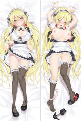 Rule 34 | 1girl, alice (bishoujo mangekyou), apron, bishoujo mangekyou, black thighhighs, blonde hair, blue eyes, blush, breasts, breasts out, cleavage, clothes lift, cum, cum in pussy, cumdrip, dakimakura (medium), detached collar, dress, female focus, hair between eyes, hands on own hips, happoubi jin, high heels, highres, large breasts, long hair, lying, maid, maid apron, maid headdress, mary janes, nipples, on back, panties, panties around leg, pink panties, pussy, ribbon, ribbon-trimmed legwear, ribbon trim, shoes, short dress, skirt, skirt lift, solo, thighhighs, uncensored, underwear, very long hair, waist apron, waitress, wrist cuffs