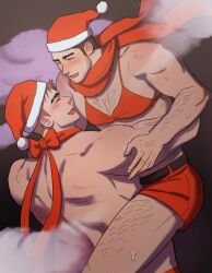 Rule 34 | 2boys, abs, arm hair, back, bara, black hair, blush, bow, bra, brown hair, carrying, carrying person, chest hair, christmas, couple, eyebrow cut, facial hair, from side, happy, hat, highres, ina (ina29ana), large pectorals, leg hair, long sideburns, male focus, mature male, multiple boys, muscular, muscular male, original, pectorals, red bra, red shorts, santa costume, santa hat, scarf, short hair, shorts, sideburns, smile, stubble, thick eyebrows, thick thighs, thighs, topless male, underwear, yaoi