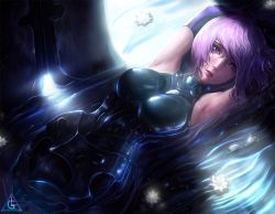 Rule 34 | 1girl, armor, armored dress, armpits, arms up, commentary, elbow gloves, fate/grand order, fate (series), flower, gloves, in water, light, lily pad, limgae, looking at viewer, lying, mash kyrielight, on back, parted lips, pink hair, purple eyes, shield, short hair, solo