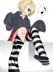Rule 34 | 10s, 1girl, bad id, bad pixiv id, blonde hair, hair over one eye, highres, idolmaster, idolmaster cinderella girls, looking at viewer, musical note, plaid, plaid skirt, pleated skirt, red eyes, shirasaka koume, short hair, skirt, sleeves past wrists, smile, solo, speech bubble, striped clothes, striped legwear, striped thighhighs, suzuharu toufu, thighhighs, thighhighs pull