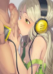 Rule 34 | 1boy, 1girl, bare shoulders, blonde hair, blush, censored, clothed female nude male, erection, fellatio, from side, hair between eyes, handa roco, headphones, hetero, highres, holding, idolmaster, idolmaster million live!, licking, licking penis, long hair, mind control, mosaic censoring, nude, oral, penis, profile, sweat, tongue, tongue out, yellow eyes, yoshika (music480069)