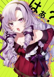Rule 34 | 1girl, asazuke25, black gloves, black hairband, chest tattoo, collarbone, commentary request, dress, drill hair, gloves, hairband, highres, hyakumantenbara salome, hyakumantenbara salome (1st costume), light purple hair, long hair, looking at viewer, nijisanji, off-shoulder dress, off shoulder, open mouth, purple eyes, red dress, red sleeves, signature, solo, sweat, tattoo, translation request, virtual youtuber
