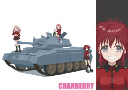 Rule 34 | 3girls, absurdres, against vehicle, black footwear, black skirt, boots, brown eyes, character name, commentary, cranberry (girls und panzer), crusader (tank), cup, emblem, finger to mouth, girls und panzer, grey eyes, grin, hand in own hair, highres, holding, holding cup, jacket, knee boots, knee up, leaning back, long hair, long sleeves, looking at viewer, makeup, mascara, military uniform, military vehicle, miniskirt, motor vehicle, multiple girls, peach (girls und panzer), pink hair, pleated skirt, qgkmn541, red hair, red jacket, rosehip (girls und panzer), sitting, skirt, smile, st. gloriana&#039;s (emblem), st. gloriana&#039;s military uniform, standing, studded footwear, tank, teacup, uniform, wavy hair, white background