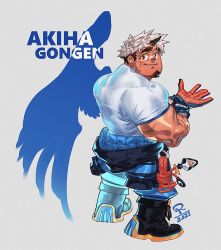 Rule 34 | 1boy, akiha gongen (housamo), bandaid, bandaid on face, bandaid on nose, bara, character name, chibi, clothes around waist, commentary, dark-skinned male, dark skin, dk (den ai d), english commentary, facial hair, from behind, full body, gloves, goatee, grey background, highres, horns, jacket, jacket around waist, looking at viewer, male focus, mature male, multicolored hair, muscular, muscular male, scar, scar on arm, shirt, short hair, sideburns, single horn, smile, solo, thick eyebrows, tight clothes, tight shirt, tokyo houkago summoners, two-tone hair, white hair
