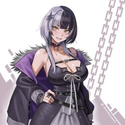 Rule 34 | 1girl, arm at side, bare shoulders, belt, black belt, black choker, black dress, black hair, black jacket, black nails, breasts, chest belt, choker, cleavage, dress, fingernails, fur-trimmed jacket, fur trim, grey hair, grin, hair ornament, hair over shoulder, hand on own hip, highres, hololive, hololive english, jacket, jewelry, lace, lace choker, large breasts, layered dress, light blush, long hair, long sleeves, looking at viewer, multicolored hair, nail polish, off shoulder, open clothes, open jacket, ring, seventeencrows, shiori novella, shiori novella (1st costume), smile, solo, split-color hair, twitter username, two-tone hair, virtual youtuber, white background, yellow eyes
