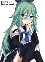 Rule 34 | 1girl, black ribbon, black skirt, black thighhighs, blue neckerchief, blue ribbon, blush, closed mouth, dated, detached sleeves, green eyes, green hair, hair between eyes, hair ornament, hair ribbon, hairclip, kantai collection, long hair, looking at viewer, neckerchief, one-hour drawing challenge, pleated skirt, ponytail, ribbon, rokosu (isibasi403), school uniform, serafuku, sidelocks, simple background, skirt, solo, thighhighs, twitter username, white background, yamakaze (kancolle), zettai ryouiki