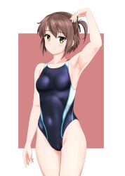 Rule 34 | 1girl, absurdres, arm up, armpits, black one-piece swimsuit, black ribbon, breasts, brown hair, cameltoe, commission, competition swimsuit, covered navel, etou kanami, hair ribbon, highres, looking at viewer, multicolored clothes, multicolored swimsuit, one-piece swimsuit, one side up, ribbon, short hair, skeb commission, small breasts, solo, swimsuit, takafumi, toji no miko